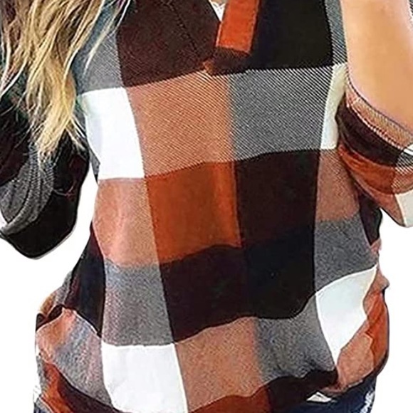 Women's Roll-Up Long Sleeve Plaid Shirt Tops - Picture 5 of 5